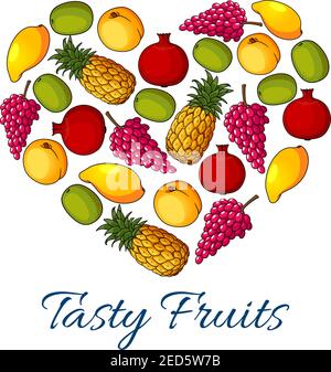 Frutta e bacche a forma di cuore con uva, mango, mela, albicocca, pesca, melograno, ananas tropicale e kiwi Illustrazione Vettoriale