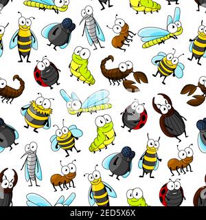 Insetti di cartoon e insetti senza cuciture modello su sfondo bianco con ape, ladybug, mosca, libellula, bruco, scarabeo, zanzara, vespa, bumblebee, ant A. Illustrazione Vettoriale