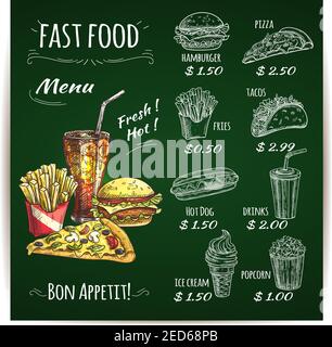 Menu fast food sulla lavagna con hamburger, hot dog, taco, pizza, bevanda analcolica, patatine fritte e schizzi di popcorn. Fast food cafè, consegna di cibo s Illustrazione Vettoriale