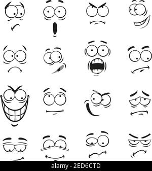 Emoticon di fumetti umani volti con espressioni. Vettore cute occhi emoji elementi sorridenti, felici, sconvolti, sorpresi, scettici, tristi e arrabbiati, pazzi e stu Illustrazione Vettoriale