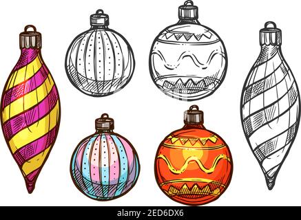 Set di sketch palle natalizie. Vettore isolato nuovo anno tradizionale palline di vetro icone forma rotonda e icicola, decorato con ornamento invernale Illustrazione Vettoriale