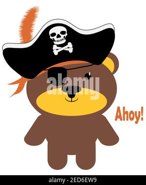 Adorabile orsacchiotto marrone in Pirate Costume Feather Hat e. Occhio Patch con messaggio di Ahoy isolato su sfondo bianco Illustrazione Con tracciato di ritaglio Foto Stock