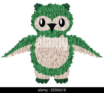 Scribble Art Green e Brown Owl in piedi Illustrazione isolato su Sfondo bianco con tracciato di ritaglio Foto Stock