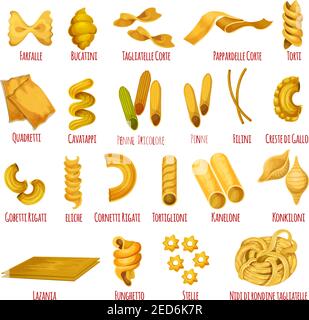 Set di icone per la pasta italiana. Spaghetti, maccheroni, noodle, penne, ravioli, farfalle, lasagne e cannelloni. Menu di cucina tradizionale italiana, Illustrazione Vettoriale