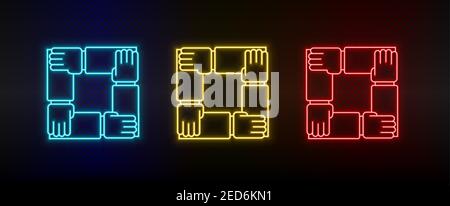 Cooperazione con set di icone al neon, mani. Set di icone vettoriali al neon rosse, blu e gialle Illustrazione Vettoriale