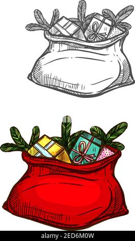 Regali di Natale. Sacco Babbo Natale pieno di regali di nuovo anno, dolci, albero di natale. Schizzo a colori isolato dal vettore Illustrazione Vettoriale