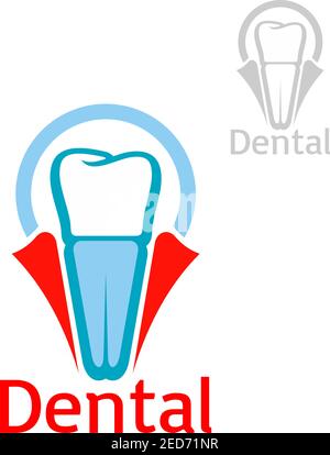Icona o emblema dell'odontoiatria e del dentista con simbolo vettoriale dell'impianto dentario in gomma dell'ammaccatura. Segno o badge isolato per clinica dentista, stomatologia o de Illustrazione Vettoriale
