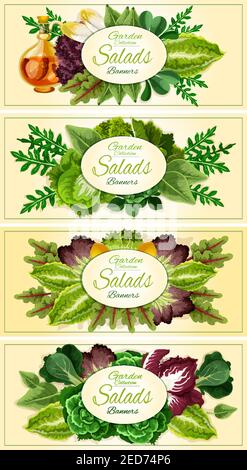 Set di striscioni in foglia di insalata verde con lattuga fresca, spinaci, cavolo cinese, lattuga iceberg, rucola, bok choy, cicoria, radicchio, batavia, bietole e s. Illustrazione Vettoriale