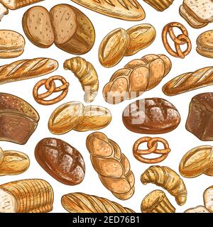 Pane da forno e dessert da pasticceria modello senza cuciture di pane di segale sano abbozzato, pane di grano lungo, baguette, croissant, cupcake, panino da hamburger, sfidah, a. Illustrazione Vettoriale