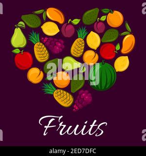 Cuore di frutta. Manifesto di frutta vettoriale con raccolta di frutta fresca di melone maturo, uva rossa, arancio o mandarino succoso, limone di agrumi, mango esotico e. Illustrazione Vettoriale