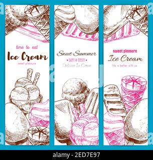 Striscioni di gelato di abbozzo assortimento di gelato. Set vettoriale di dolci surgelati scoop di gelato alla vaniglia in recipiente di vetro, eskimo smaltato e chocolle Illustrazione Vettoriale