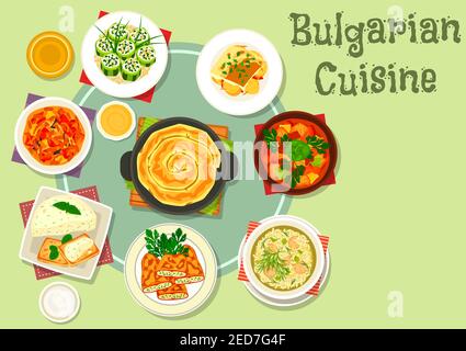 Cucina bulgara cena piatti icona con stufato di carne vegetale, pepe ripieno fritto, cetriolo ripieno con formaggio, torta di melanzane con toast, polpette Illustrazione Vettoriale