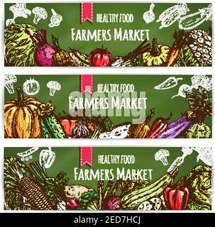 Verdure cibo sano banner. Farmers Market sketch verdure cavolo, cipolla, rafano e pomodoro, piselli e broccoli, porro e carota, cavolfiore A. Illustrazione Vettoriale