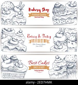 Panetteria, dolci pasticceria schizzo di dolci, torte e cupcake con frutta e frutti di bosco, muffin al cioccolato, torte cremose e torte con budini. Vettore b Illustrazione Vettoriale