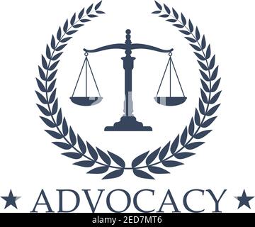 Emblema di advocacy e simbolo Scales di Giustizia per società giuridica o notaria. Firma o badge per avvocato, avvocato legale o ufficio legale. Vettore Illustrazione Vettoriale