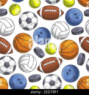 Palline sportive con motivo senza cuciture. Modello vettoriale di icone di sketch colore di palline da gioco sportive per rugby, calcio, calcio, baseball, basket, tennis, h Illustrazione Vettoriale