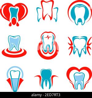 Emblemi di odontoiatria insieme di icone dei denti. Simboli dei denti isolati vettoriali per studi dentistici o stomatologi, studi dentistici. Segni di denti e gengive sani Illustrazione Vettoriale