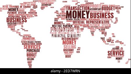 Parole di affari nella mappa del mondo. Word nube tag concetto di marketing budget, stabilità economica finanziaria, prestiti e promozione finanziaria, vendita o. Illustrazione Vettoriale