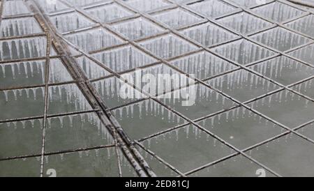 Scena invernale che mostra le iciclette appese da una rete quadrata sullo stagno Foto Stock