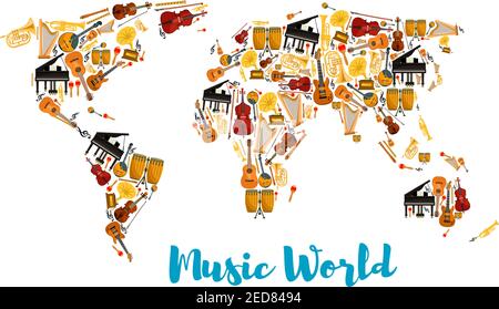 Mappa del mondo fatta di strumenti musicali. Chitarra acustica ed elettrica, sax o sassofono, drum kit e lira, piano e fortepiano, corno e tromba, flut Illustrazione Vettoriale