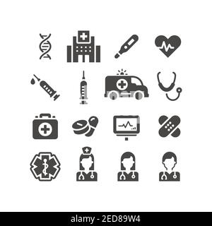 Set di icone vettoriali nere mediche o mediche. Icone di ospedali, infermieri, medici; pillole e stetoscopio. Illustrazione Vettoriale