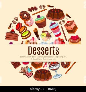 Poster per pasticceria, pasticceria e pasticceria con dolci dolci, torte di frutta e cupcake di frutti di bosco, muffin al cioccolato e budino alla vaniglia, torta cremosa, miele Illustrazione Vettoriale