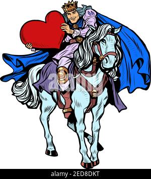 San Valentino. Un principe innamorato su un cavallo bianco con un cuore rosso Illustrazione Vettoriale
