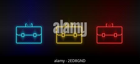 Valigetta con set di icone al neon, portfolio. Set di icone vettoriali al neon rosse, blu e gialle Illustrazione Vettoriale