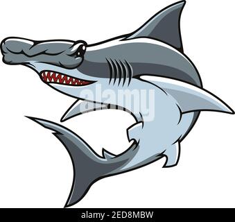 Icona o mascotte vettoriale della testa di martello. Testa del martello dello squalo o o winghead simbolo isolato di pesce predatore con denti di mare o oceano con forma insolita della testa per spo Illustrazione Vettoriale