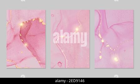 Motivo rosa e glitter dorato con texture in marmo. Tecnica dell'inchiostro dell'alcool sfondo vettoriale astratto. Vernice moderna con effetti di luce. Set di templat Illustrazione Vettoriale