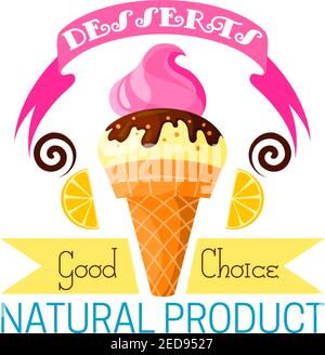 Gelato al cioccolato con l'icona del dessert al limone. Cibo freddo alla vaniglia con cioccolato e sciroppo in cono di waffle con nastro e prodotto naturale. Fast food e. Illustrazione Vettoriale