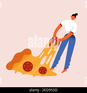 Donna con fetta di pizza, piccolo personaggio femminile che tiene e tira una fetta enorme di pizza pepperoni, vettore cartoon carattere Illustrazione Vettoriale