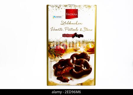 Favorina Lebkuchen biscotti tedeschi speziati, cuori, Pretzel e Stelle venduti dalla catena LIDL Supermarket Foto Stock