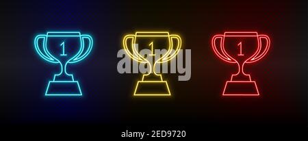 Insieme di icone al neon Achievement, premio. Set di icone vettoriali al neon rosse, blu e gialle Illustrazione Vettoriale