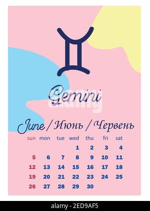 Design astronomico, stellato, minimalista e moderno del calendario 2022 con segni zodiacali. La settimana inizia la domenica. Nome del mese in 3 lingue: Inglese, Illustrazione Vettoriale