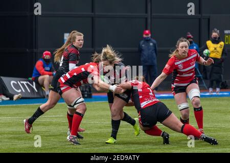 Londra, Regno Unito. 14 febbraio 2021. Durante il gioco Allianz Premier 15s tra Saracens Women e Gloucester Hartpury Women allo StoneX Stadium di Londra, Inghilterra. Credit: SPP Sport Press Photo. /Alamy Live News Foto Stock