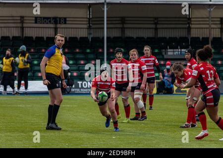 Londra, Regno Unito. 14 febbraio 2021. Durante il gioco Allianz Premier 15s tra Saracens Women e Gloucester Hartpury Women allo StoneX Stadium di Londra, Inghilterra. Credit: SPP Sport Press Photo. /Alamy Live News Foto Stock