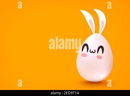 Banner con scritta Pasqua felice e uovo con faccia kawaii. Uovo carino con orecchie conigliate. Foto Stock