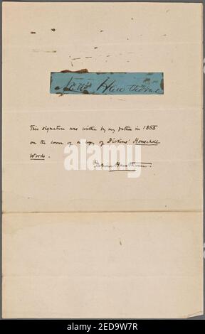 Firma autografa tagliati fuori e montato. Nota firmata da Julian Hawthorne lo identifica come scritto sul coperchio di una copia di Dickens della casa parole, 1855 Foto Stock