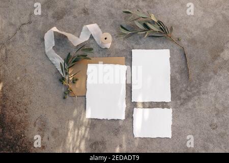 Cancelleria per matrimoni estivi, mock-up di compleanno. Biglietti d'auguri vuoti, inviti impostati. Nastro di seta bianca e rami di ulivo. Grunge calcestruzzo Foto Stock