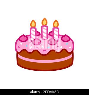 Icona torta di compleanno con candele, glassatura rosa e spruzzi. Semplice doodle cartoon, immagine vettoriale isolata clip art. Illustrazione Vettoriale