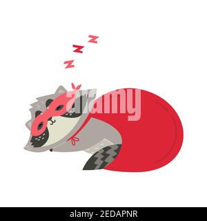 Il simpatico raccoon sta dormendo in costume da supereroe. Illustrazione Vettoriale