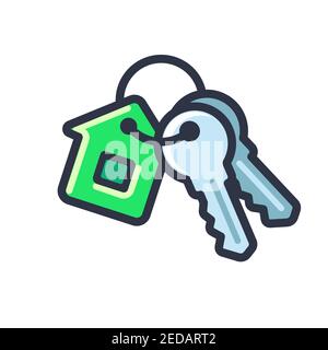 Icona delle chiavi della casa del cartone animato con portachiavi a forma di casa. Nuovo simbolo di casa. Illustrazione della clip art vettoriale isolata. Illustrazione Vettoriale