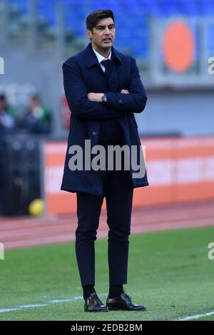 Roma Trainer Paulo Fonseca durante la Serie UNA partita di calcio tra Roma e Udinese allo stadio Olimpico di Roma, Italia. , . 14 febbraio 2021. (Foto di IPA/Sipa USA) Credit: Sipa USA/Alamy Live News Foto Stock