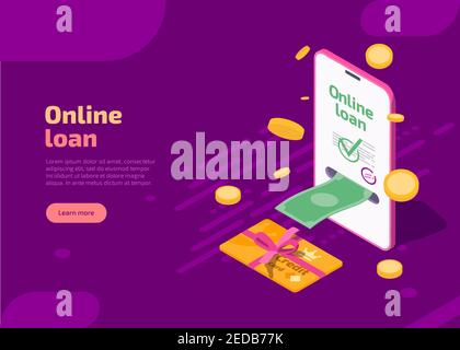 Banner prestito online. Pagina di destinazione vettoriale del servizio online di credito bancario con smartphone isometrico, bollette di carta e denaro, monete. Prestito finanziario mediante applicazione mobile del dispositivo su sfondo viola. Illustrazione Vettoriale