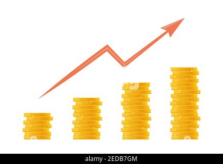 Pila di monete d'oro, concetto di reddito o profitto. Mucchio di soldi e freccia che punta in su. Crescita finanziaria, risparmio di denaro, concetto di investimento. Pila di gol Illustrazione Vettoriale