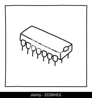 Icona o logo del pacchetto Doodle chip, disegnati a mano con sottile linea nera. Illustrazione Vettoriale