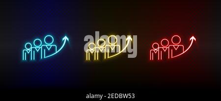 Neon Icon impostare la crescita aziendale, il business, il successo. Set di icone vettoriali al neon rosse, blu e gialle Illustrazione Vettoriale