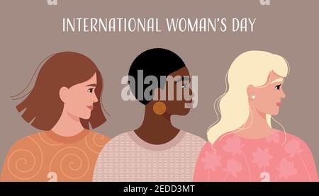 Carta Giornata Internazionale della Donna. Illustrazione vettoriale con diversi ritratti da donna sorridenti in stile piatto alla moda Illustrazione Vettoriale