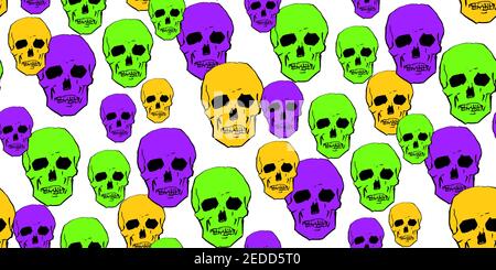 Motivo senza cuciture di divertenti teschi colorati Illustrazione Vettoriale